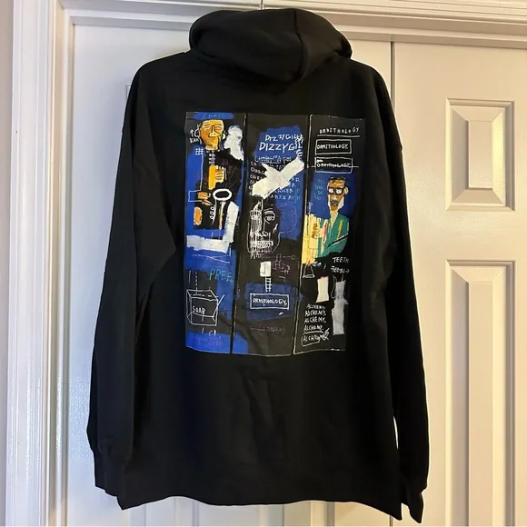 Jean Michel Basquiat x Dizzy Gillespie Jazz Horn Art Black Hoodie Size XL - Picture 3 of 10